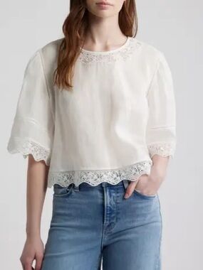 NWT FRAME The Embroidered Ramie Top in White Size S